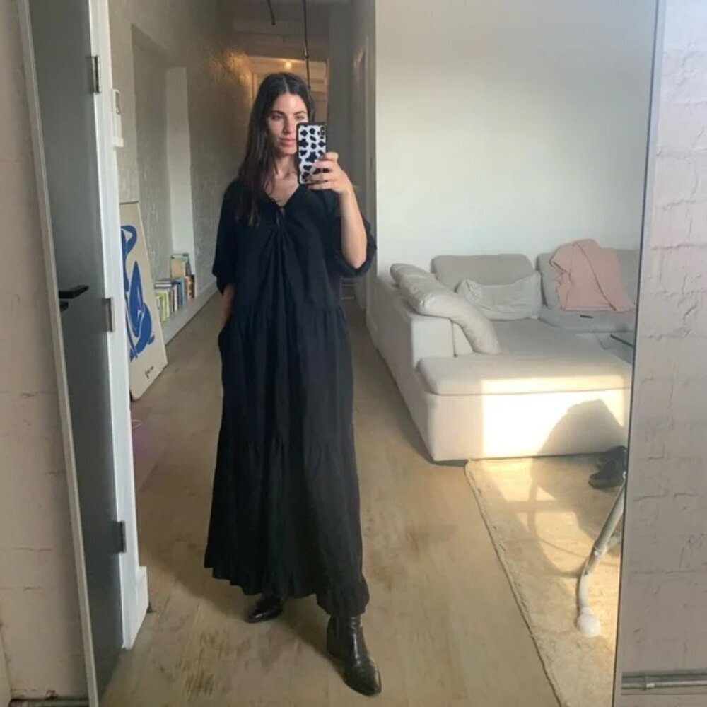 LACAUSA 100% Cotton Black Midi Dress Size XL boho laggenlook chic cottage retro - Picture 3 of 15